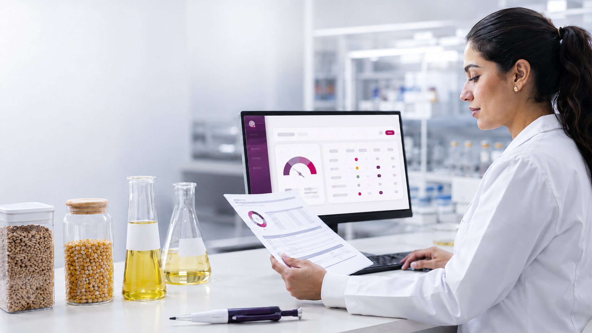 Une technicienne de laboratoire compare un bulletin d'analyse à la limite affichée à l'écran